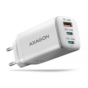 AXAGON ACU-DPQ65W, GaN nabíječka do sítě 65W, 3x port (USB-A + dual USB-C), PD3.0/QC4+/PPS/Apple, bílá