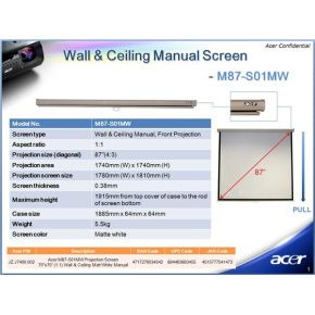 ACER Projekční plátno M87-S01MW, 70x70" Wall & Ceiling Matt White, Manual Projection Screen