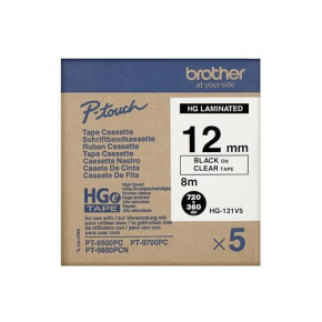 BROTHER HGE-131V5 Labelling Supplies, 12mm Black/Clear (5 pcs Pack) High Grade Tape